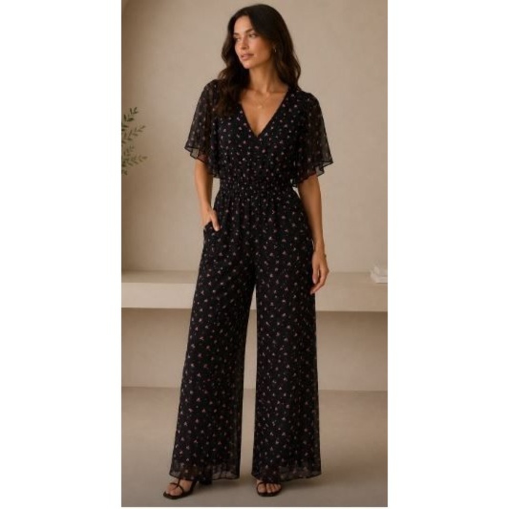 Black Ditsy Floral Jumpsuit Wide Leg sz M Cottagecore Goth Garden Party Romantic